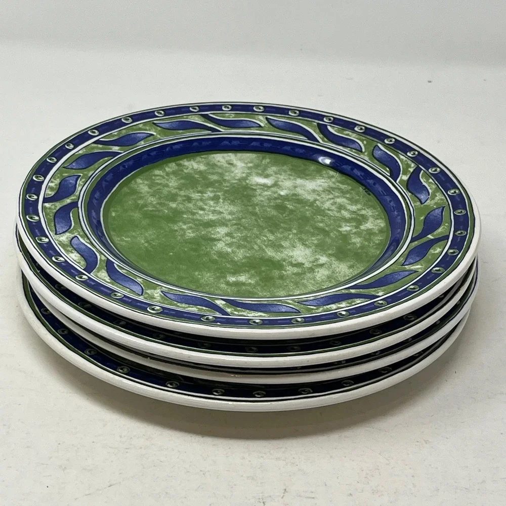 Pier 1 Versailles Salad Plates Set 4 Green Blue Leaf Italy Ceramica Quadrifoglio